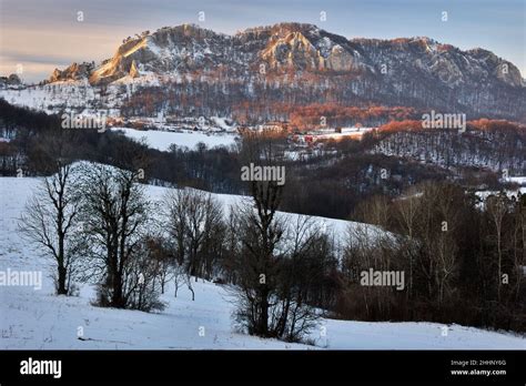 Paisaje invernal de montaña al atardecer Con bosque y roca grande