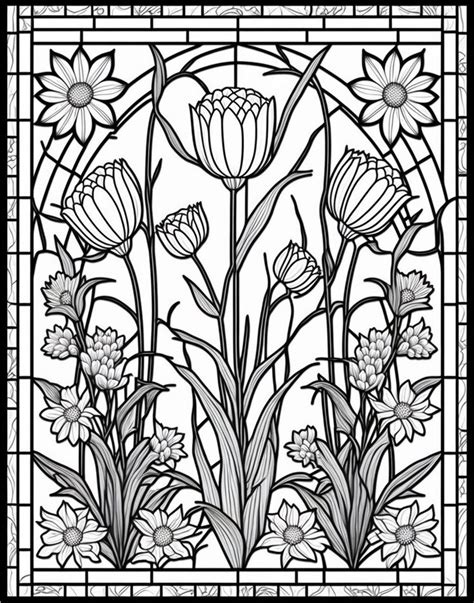 Flowers Stained Glass Window Printable Adult Coloring Page From