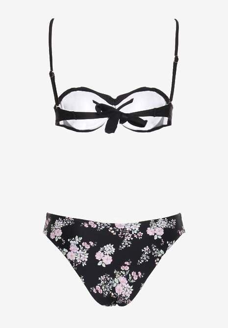 Czarne Bikini z Falbankami Biustonosz z Usztywnieniem na Regulowanych Ramiączkach i Majtki Typu