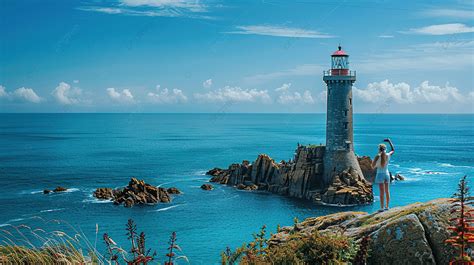 Tourist Taking Photo Of Lighthouse In Brittany Background, Travel ...