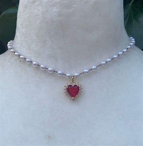 Pearl Heart Necklace Red Heart Pearl Necklace Etsy Red Heart