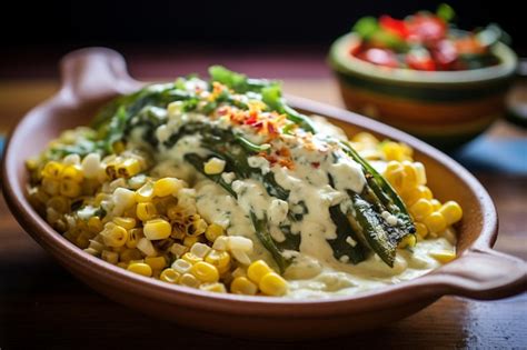 Premium AI Image Rajas Con Crema Elote Y Queso Creamy Poblano Peppers