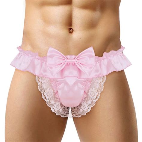 Men Sissy Feminization Underwear Lace Bow Tie Panties See Through Satin Bikini G String Thong