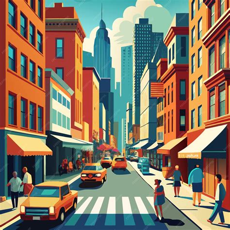 Draw a bustling street in new york city vector illustration flat 2