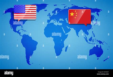 Estados Unidos Y China En El Mapa De Mundo Azul De Fondo Guerra