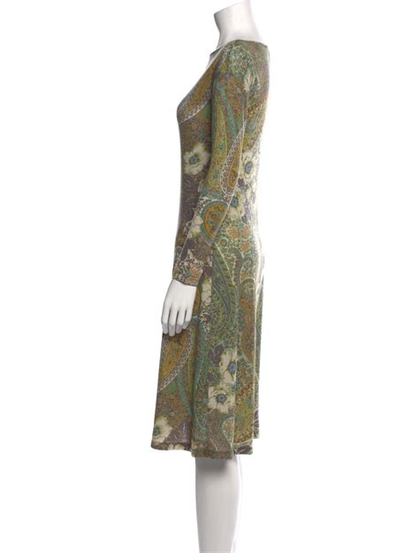 Etro Paisley Print Knee Length Dress Green Dresses Clothing