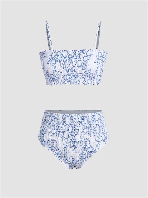 Abstract Pattern Smocked Bikini Swimsuit For Vacation Swimming Pool Beach