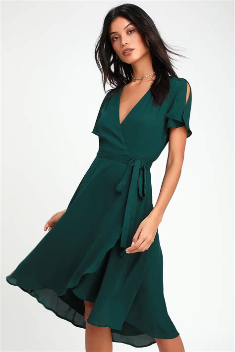 Rise To The Occasion Emerald Green Midi Wrap Dress Green Dress Casual