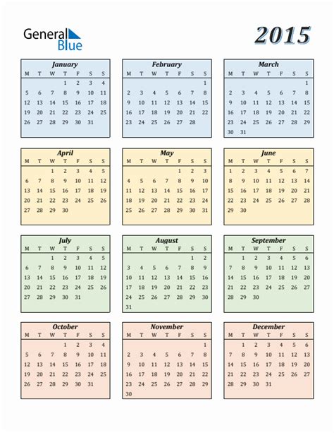 2015 Yearly Calendar Templates With Monday Start