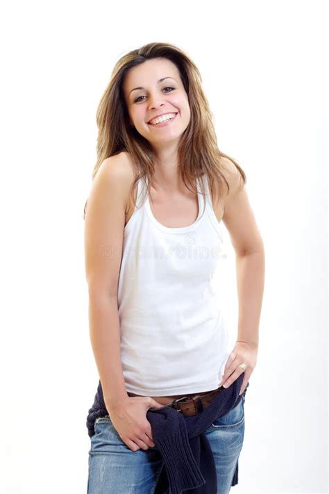 Sorridere Felice Della Donna Del Brunette Fotografia Stock Immagine Di Jeans Brunetta