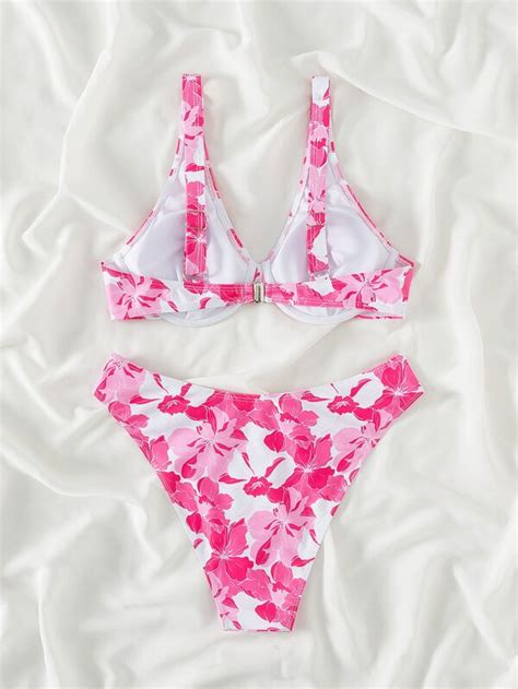 SHEIN Swim Mod Floral Print Bikini Set Underwire Top High Cut Bottom