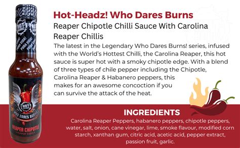 Hot Headz Who Dares Burns Reaper Chipotle Chilli Sauce With Carolina Reaper Chillis Chipotle