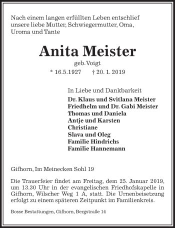 Traueranzeigen Von Anita Meister Trauer Anzeigen De