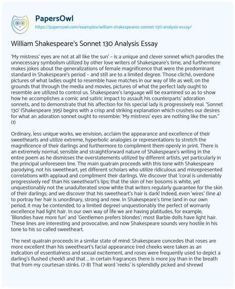 William Shakespeare S Sonnet 130 Analysis Essay Free Essay Example 885 Words