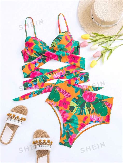 SHEIN Swim Summer Beach Tropical Print Push Up Bikini Set SHEIN USA