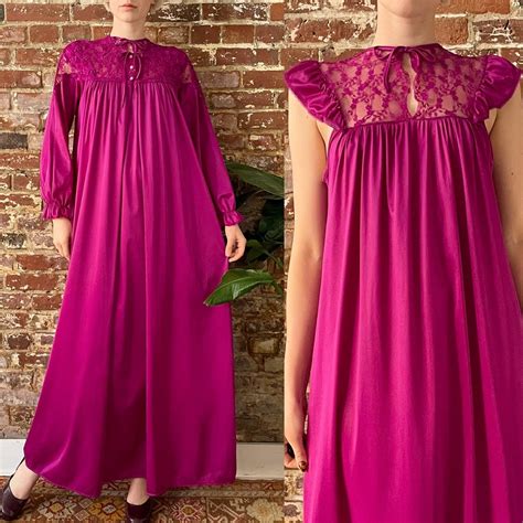Vintage S Gay Lure Fuchsia Nylon Lace Trim Peignoir Set S Nylon Maxi Slip Dress
