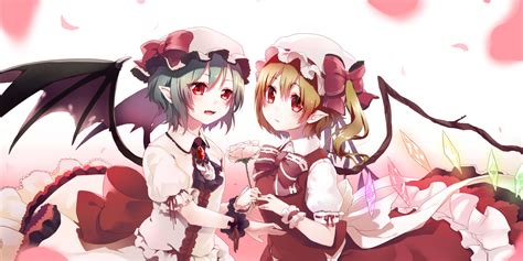 Girls Blonde Hair Blue Hair Bow Flandre Scarlet Flowers Hat Hijiri Ssh Petals Pointed Ears Red