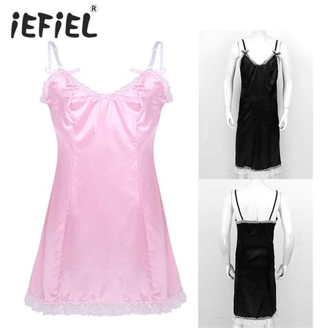 Smooth Satin V Neck Mens Lace Sexy Lingerie Sissy Erotic Babydolls Dress Men Sexy Dress And