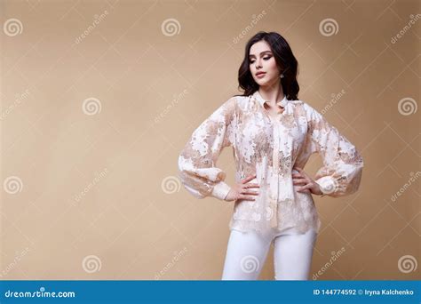 Beautiful Woman Fashion Glamour Model Brunette Hair Makeup Wear Silk Blouse Trousers Clothes For