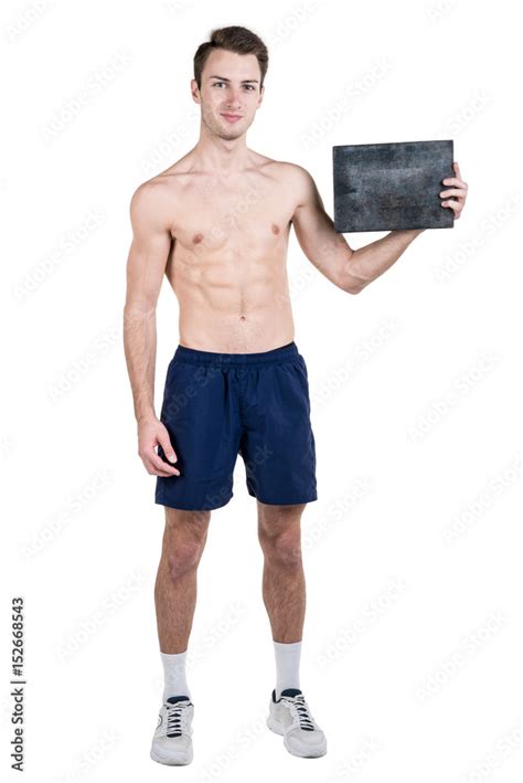 Healthy Lifestyle Portrait Of A Handsome Guy With A Blank Signboard For Writing With A Naked