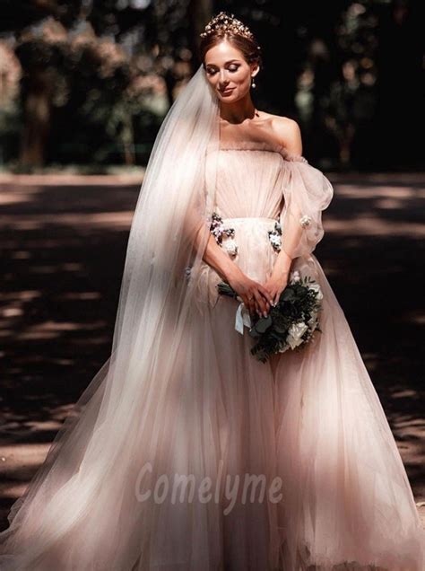 Nude Off The Shoulder Tulle Wedding Dress With Flowers Comelyme