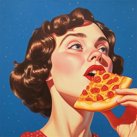 Premium Ai Image A Woman Eating A Slice Of Pizza With The Word Pizza