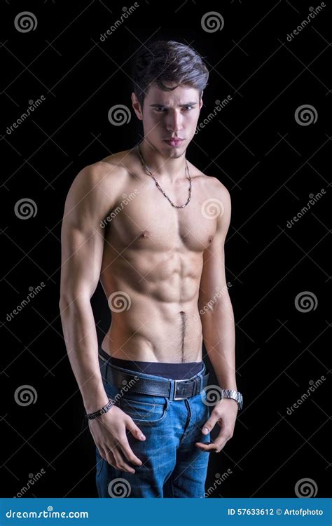 Handsome Fit Shirtless Young Man In Jeans Stock Photo Image Of Dark