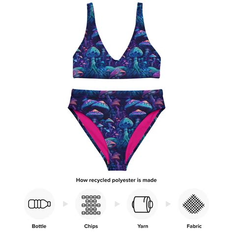 Trippy Neon Mushrooms Bikini Mushroom Designer Swimsuit Psychedelic High Waisted Bikini