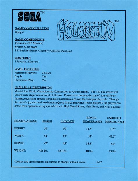 holosseum sega video game  usa  arcade flyer archive