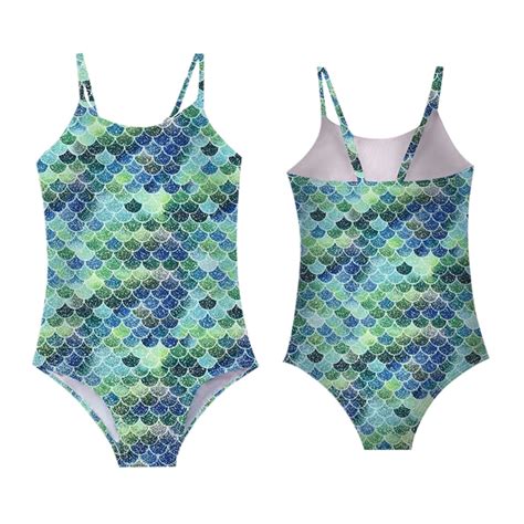 Fshinging Girls Swimsuit Colorful Fish Scale Print Sling One Piece Princess Hot Spring Plus Size