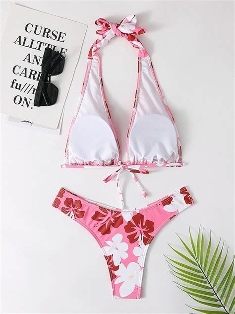 Emmiol Free Shipping Hibiscus Floral Print Bikini Set Pink M In Bikini Sets Online Store