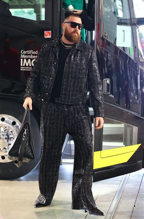 Travis Kelce arrives at Super Bowl 58 in stunning black outfit. Jason