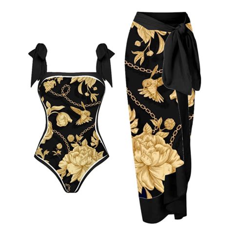 Women Swimwear With Cover Up Vintage Printed Swimsuit Monokini Bikini Swimsuits Tankini Set