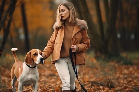 Une Belle Jeune Fille Blonde Qui Joue Avec Un Chien Beagle Dans Le Parc Photo Premium
