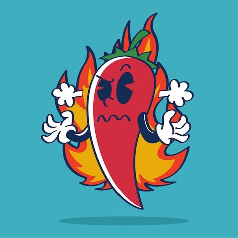 Colère Red Hot Chili Pepper Personnage Dessin Animé Main Dessin Style Vintage Vecteur Premium