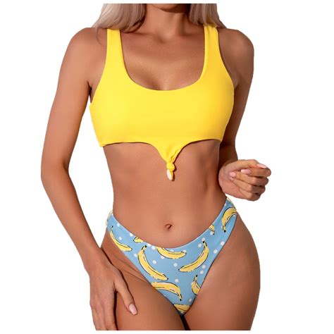 Sngxgn Bikini Set For Women Bathing Suit High Waisted V Neck Two Pieces Swimsuit Yellow M