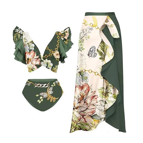 2023 New Push Up Women Bikini Set Skirt Floral Printed Bikinis Strappy Bandage Swimwear