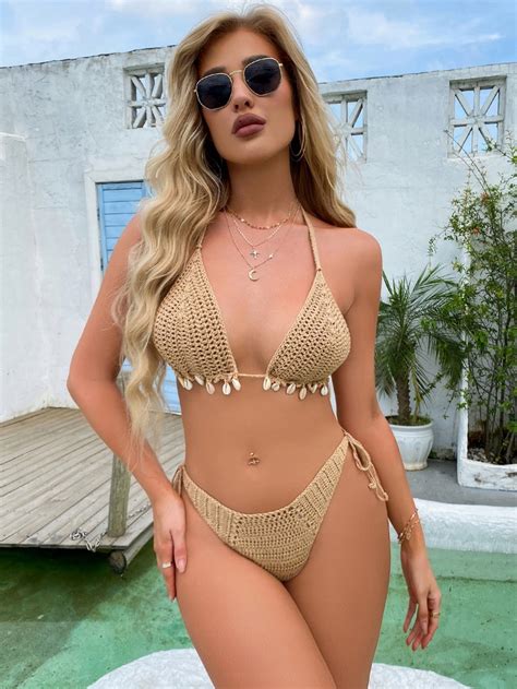 GÓRA OD STROJU KĄPIELOWEGO BIKINI SZYDEŁKOWY Z MUSZELKAMI SHEIN S 15088695596 oficjalne