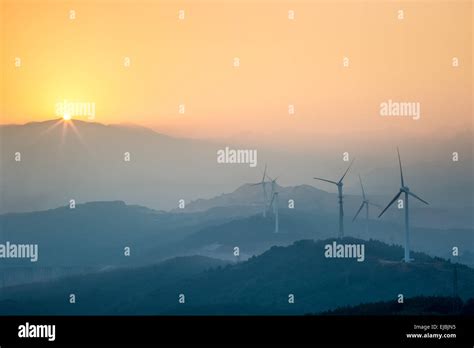 Wind Farm In Sunset Stock Photo Alamy