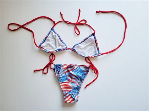 Patriotic String Bikini Set Triangle Top High Leg Medium Size American Made Th Of July