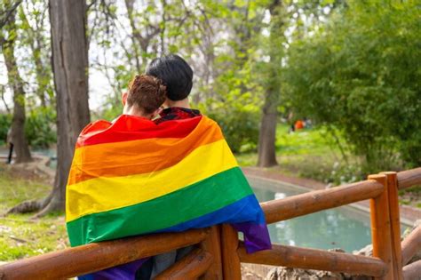 Premium Photo Rear View Of Gay Couple Wrapping In Lgbt Flag In A Park