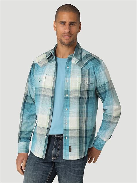 Mens Wrangler Retro® Premium Long Sleeve Western Snap Plaid Shirt