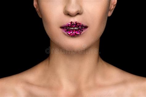 Cropped View Of Naked Fashionable Woman With Pink Sparkles On Lips Stock Image Image Of