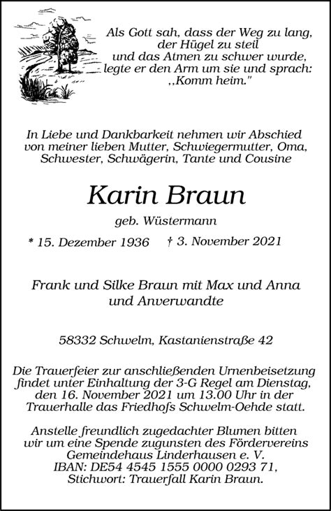 Traueranzeigen Von Karin Braun Trauer In NRW De