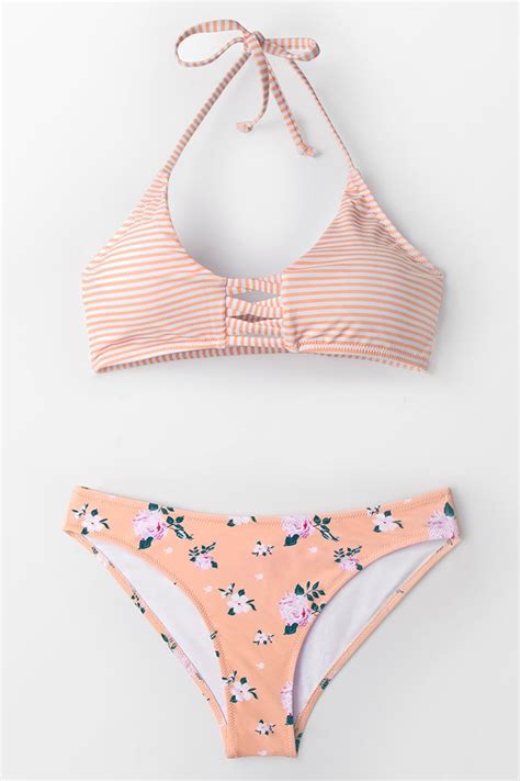 Orange And White Stripe Halter Bikini Top