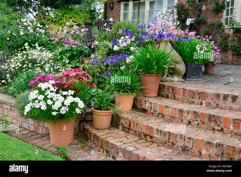 Colourful Garden Terrace With Mixed Flower Beds And Planted Containers