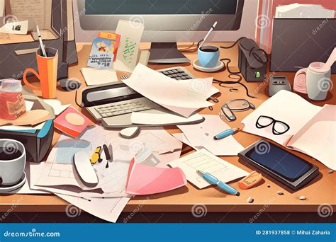 cluttered desk  papers documents  gadgets illustrating