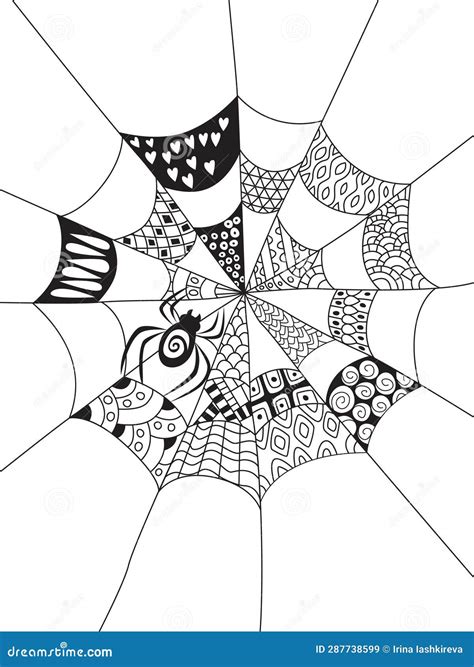 Spider On Spider Web Doodle Coloring Book Page Black And White Vector