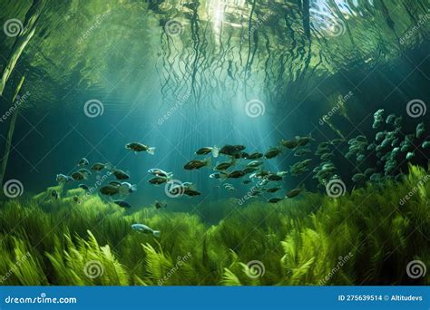 Underwater View Of A Freshwater Lake With Schools Of Fish Swimming