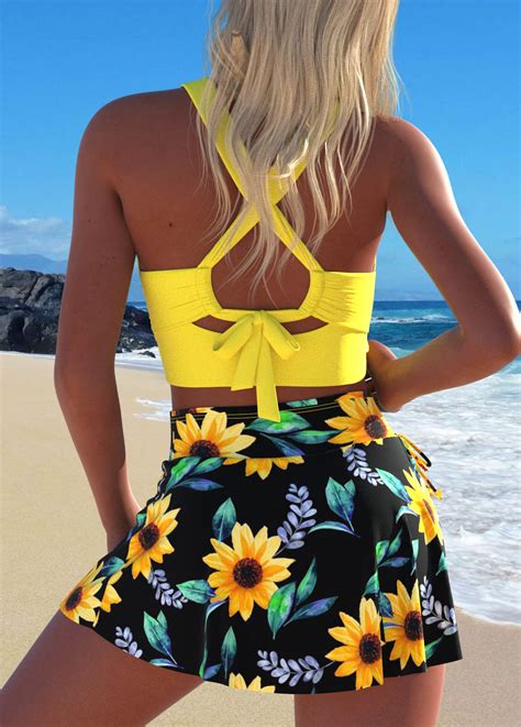 Criss Cross Sunflower Print Yellow Bikini Set Modlily USD 36 98